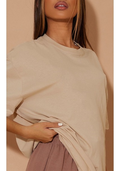 Düz Süprem T-shirt - Bej Oversize Bisiklet Yaka Kısa Kol Tişört Bej