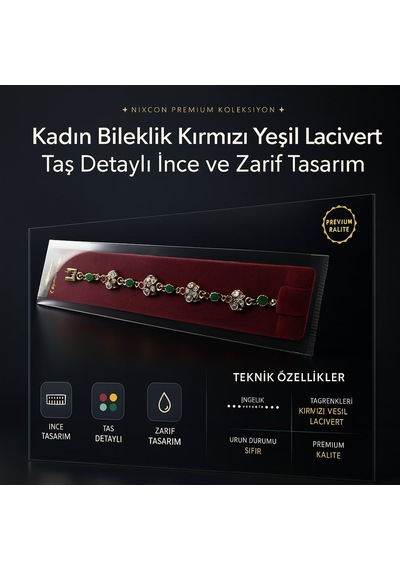 Kadın Bileklik Kırmızı Yeşil Lacivert Taş Detaylı İnce Ve Zarif Tasarım Altın - Çok Renkli
