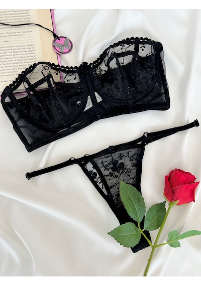 Arinda Candice Siyah Çiçek Desenli Brode İşlemeli Tek Renk Balenli Kapsız Askıları Çıkarılabilir Bralette Sütyen Tanga Alt Üst İç Çamaşırı Takımı 2 Parça Arinda Candice Siyah Çiçek Desenli Brode İşlemeli Tek Renk Balenli Kapsız Askıları Çıkarılabilir Bralette Sütyen Tanga Alt Üst İç Çamaşırı Takımı 2 Parça