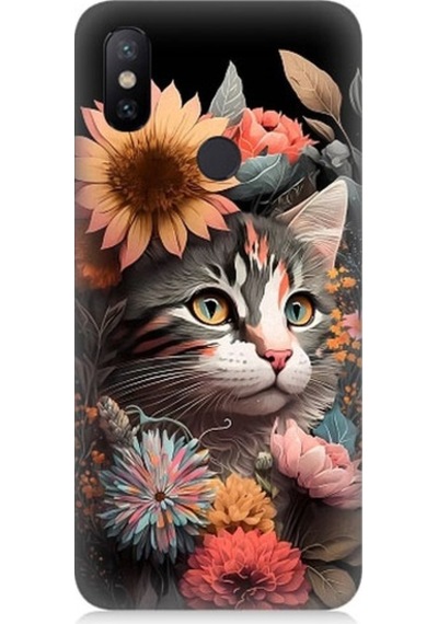 Xiaomi Mi A2 Uyumlu Çiçekler Ve Kül Gri Kedi Desenli Silikon Kılıf