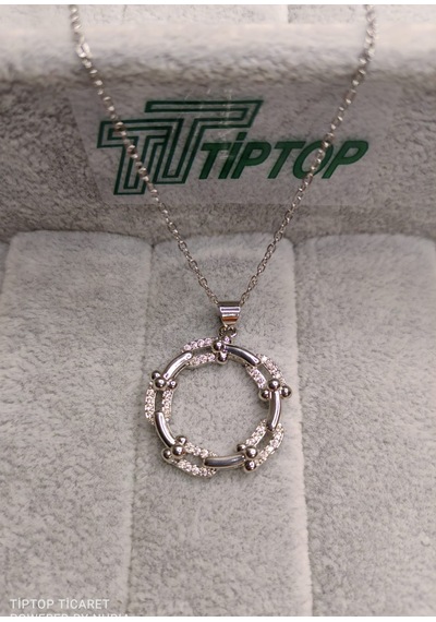 Tiptop/ Gümüş Renk Zincir Model Zirkon Taşlı Halka Kolye Gümüş