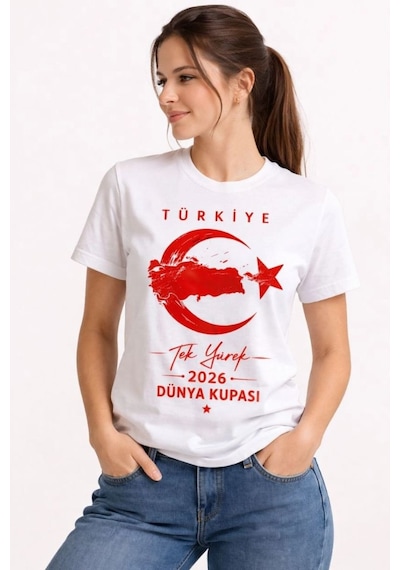 Kadın Türkiye Ay Yıldız 2026 Dünya Kupasi Taraftar Forma T-shirt - Beyaz
