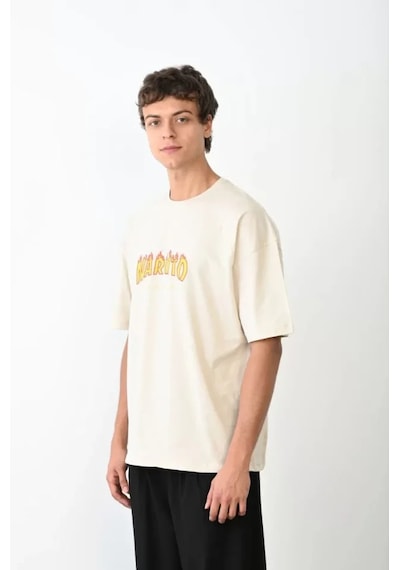 Modi Unisex Bisiklet Yaka Baskılı Oversize T-shirt - Beyaz - Mymg104377