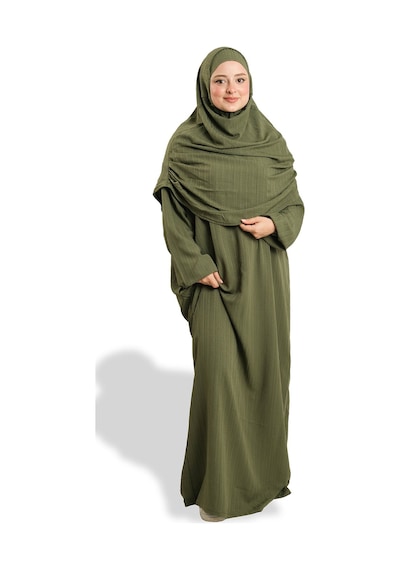 Hürrem Bone 2 Parça Namaz Elbisesi Dokuma Kendinden Desenli 2502 09 Haki