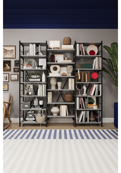 Asra Trend 6 Raflı Metal Kitaplık METALK03 %100 MDF Üç Modüllü Geniş Kütüphane Kül Gri