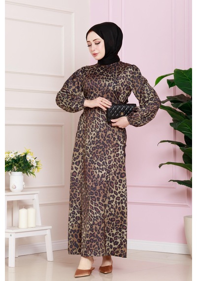 Yanı Bağcıklı Leopar Desenli Tesettür Abiye-kahverengi-4682