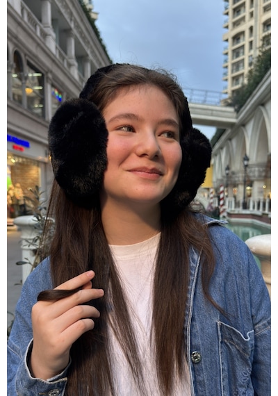 Mollycrush Genç Siyah Peluş Kulaklık Uniseks Kışlık Yumuşak Kulak Koruyucu Siyah