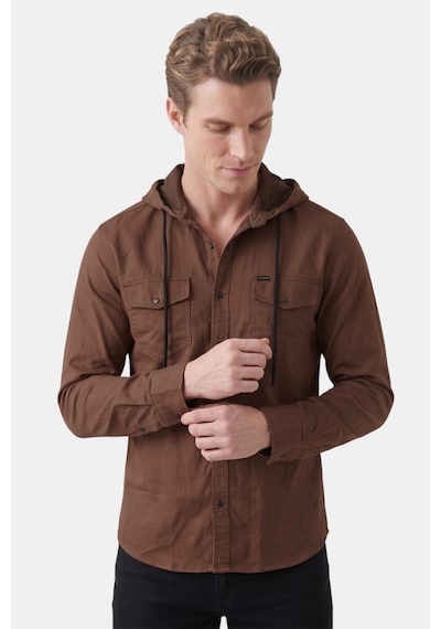 Deep Sea Deepsea Kahve Kapüşonlu Likralı Kot Gömlek Slim Fit Çıt Çıt Kapamalı Erkek Gömlek 2300396