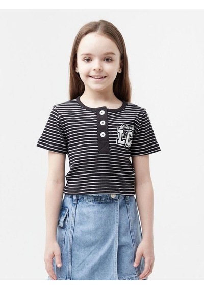Zekids Kız Çocuk Lc Aplikeli Çizgili Crop T-shirt-13940 Siyah