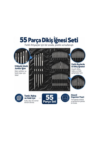 Store 55 Parça El Dikiş İğnesi Seti, Farklı Boylarda Büyük Gözlü İğneler, Deri, Nakış, Kanaviçe, Yorgan, Tamir Ve Hobi İçin