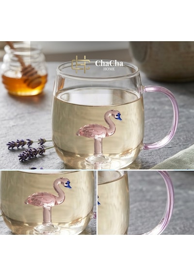Flamingo Figürlü Borosilikat Cam Kupa 350 Ml Renkli Kulplu Kahve Kupası Dekoratif Hediye Bardak Açık Pembe