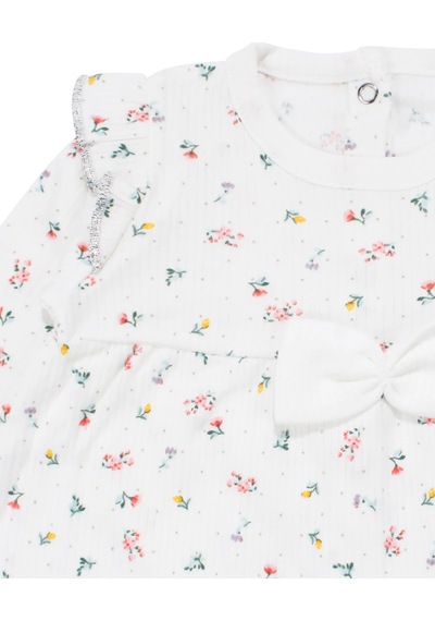 Bebegen Kız Bebek Ekru Renkli Minik Çiçek Desenli Fırfırlı Pijama Takımı