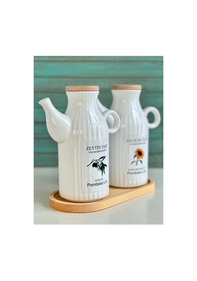 Bambu Standlı Etiketli Çizgili 2 Li Porselen 1000 Ml Yağdanlık Seti Yağlık Takımı Beyaz Beyaz