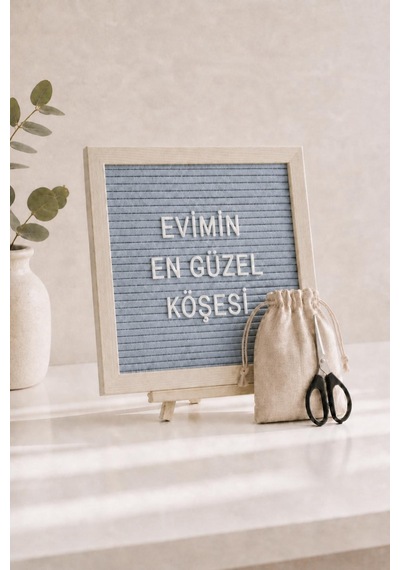 Woodart Premium Letter Board Seti, Füme Antrasit Keçe Yüzeyli Doğal Çam Ahşap Yazı Panosu Şövale Standlı Dekoratif Set Gri