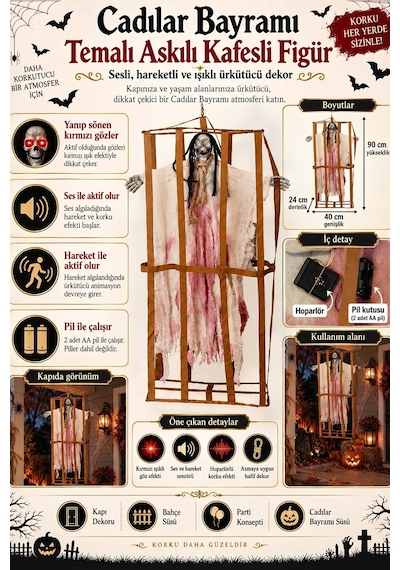 Cadılar Bayramı Askılı Kafesli Korku Figürü Beyaz Sesli Hareketli Işıklı Halloween Dekoru 90 Cm Tüm Yaşlar