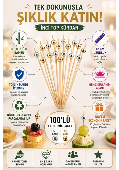 100 Lü Set İnci Top Kürdan Altın Gümüş 12cm Bambu Kokteyl Sunum Kürdanı Parti Catering