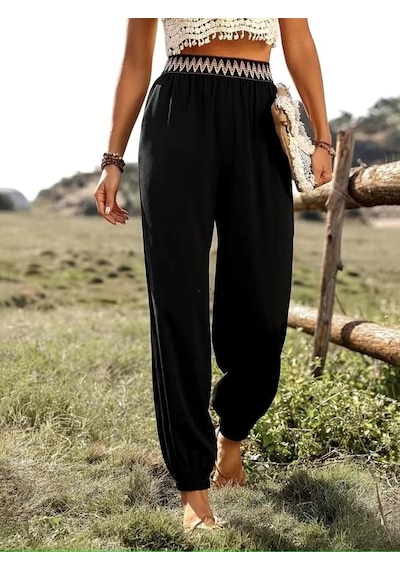 DefyModa Kadın Yüksek Bel Beli Lastikli Dökümlü Ve Beli Şeritli Pera Pantolon Siyah