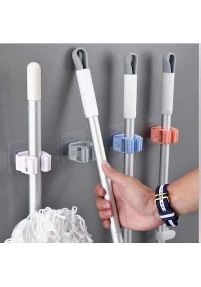4 Lü Yapışkanlı Pratik Mop Temizlik Fırçası Tutucu Paspas Süpürge Fırça Ve Mop Askısı Beyaz Askı Set Renkli