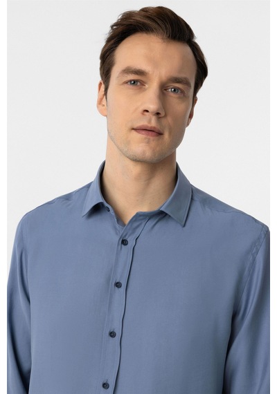 Süvari Mavi Slim Fit Düz Klasik Yaka Gömlek-34098 Mavi