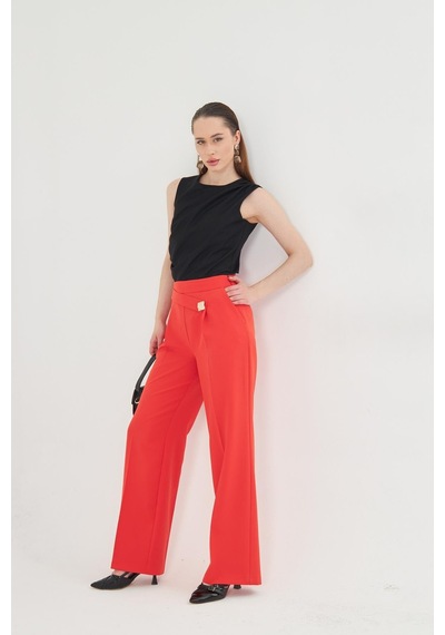 Lovelf Kare Düğme Bol Paça Pantolon Oranj Oranj