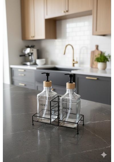 Makri Home Modern Cam Ikili Sıvı Sabunluk & Deterjanlık Seti-500 Ml Cam Sabunluk, Metal Stand'lı Beyaz