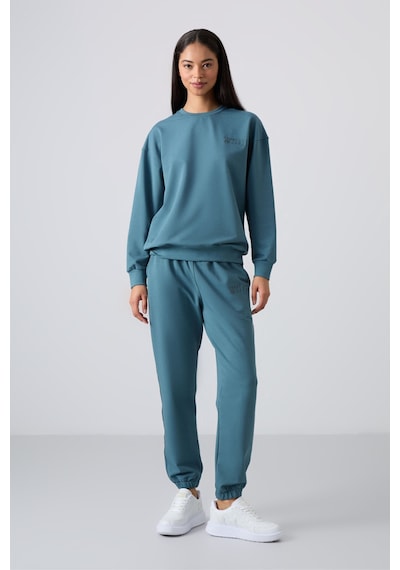 Tommy Life Orman Yeşili Basic Pamuklu O Yaka Oversize Lastik Paça Kadın Eşofman Takım - 95287 Yeşil