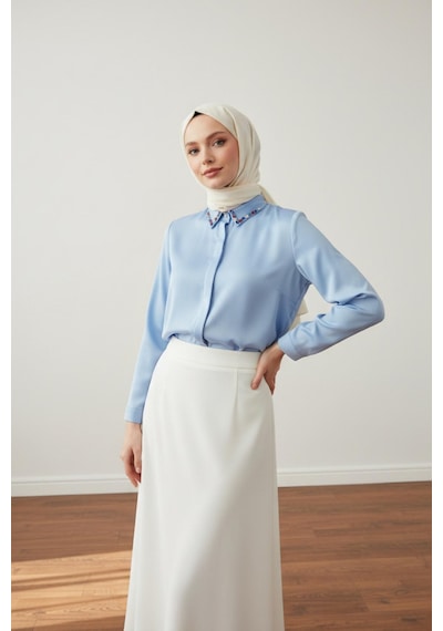Pera Moda Yakası Taşlı Basic İç Göstermeyen Şık Gömlek Bebe Mavisi