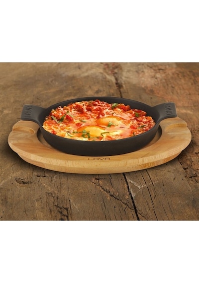 Lava Döküm Ahşap Allıklı Mini Yuvarlak Sahan Siyah 18 CM