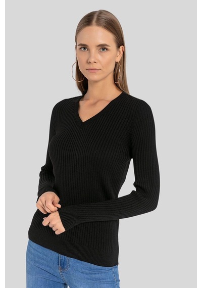 Miss Poem Kadın V Yaka Slim Fit Fitilli Uzun Kışlık Ekru Triko Kazak Siyah