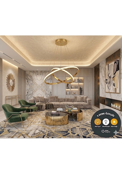 Luxury Gold 2'li İç İçe Geçmeli Halka Led Sarkıt Avize - 3 Renk Işıklı Modern Salon Mutfak Avizesi