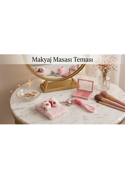 Pembe Peluş Kırmızı Beyaz Fiyonk Tasarımlı Çift Taraflı Katlanabilir Makyaj Aynası Çanta Aksesuarı Çok Renkli