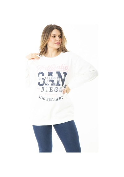 Şans Kadın Büyük Beden Kemik İçi Şardonlu İki İplik Ön Baskılı Sweatshirt 65n37158-kemik Kemik