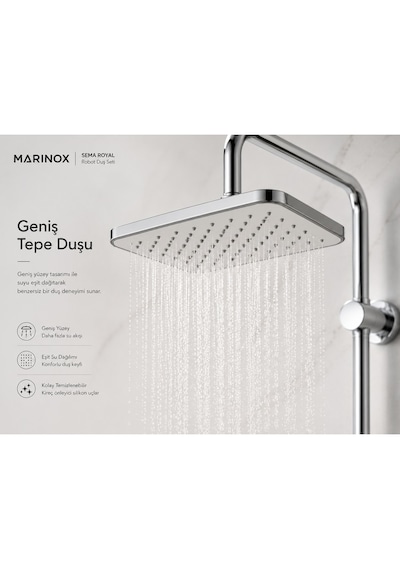 Sema Royal Premium Krom Robot Duş Seti Geniş Tepe Duşlu Tek Fonksiyonlu El Duşlu Modern Banyo Duş Sistemi