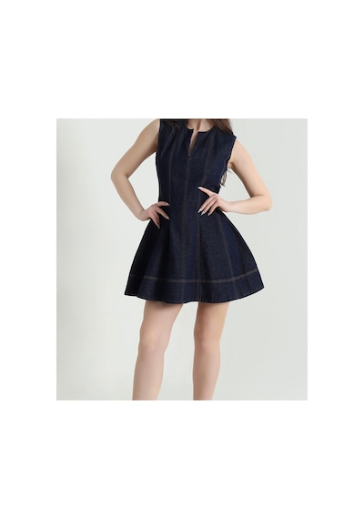 Fleurs Chic Mini Kot Denim Elbise Lacivert