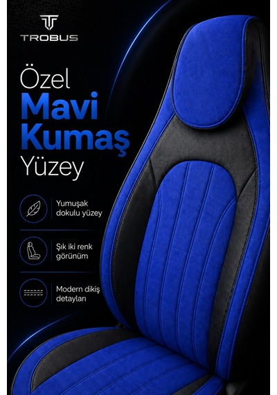 Fiat Albea 2002-2012 Bel Destekli Tay Tüyü Koltuk Kılıfı Tokyo Serisi Mavi Siyah