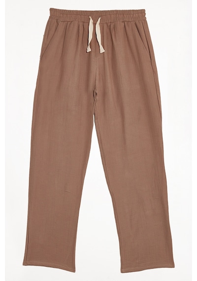 Tudors Erkek Baggy Fit Geniş Kesim %100 Pamuk Beli Lastikli Yandan Cepli Müslin Bej Düz Pantolon-46264 Bej