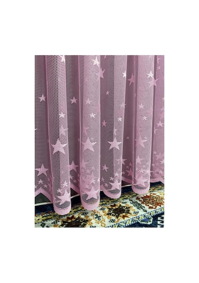 Pembe Yıldızlı Tül Perde Kız Çocuk Odası Tül Perdesi Pudra Bebek Perdesi Pileli W3