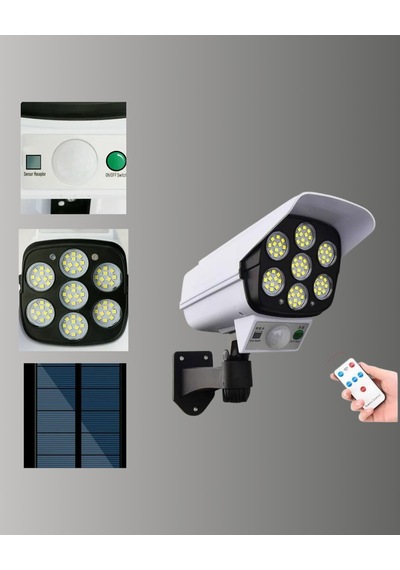 77 Led'li Güneş Enerjili Güvenlik Lambası Ve Kukla Kamera Hareket Sensörlü, 2400mah Pilli Beyaz - Siyah