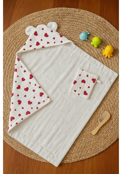 Heianmono Kundak Bebek Banyo Havlusu Dışı Müslin İçi Havlu (%100 Pamuk) (75x75 Cm) (Kalpli) (0 - 24 Ay)