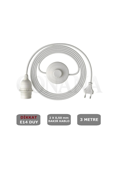 E14 Duylu 3 Metre Yerpuarlı Aç Kapat Anahtar Fişli Seyyar 2x0,50 Beyaz