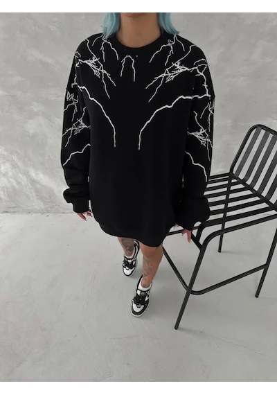 Veraura Lifestyle Yıldırım Baskılı Bisiklet Yaka Sweatshirt - Siyah