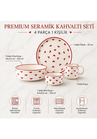 Tr Seramik El Yapımı Kahvaltı Takımı 4 Parça Kahvaltı Seti Oval Seramik Sunum Tabağı Çeyizlik Takım, Red Love Diğer