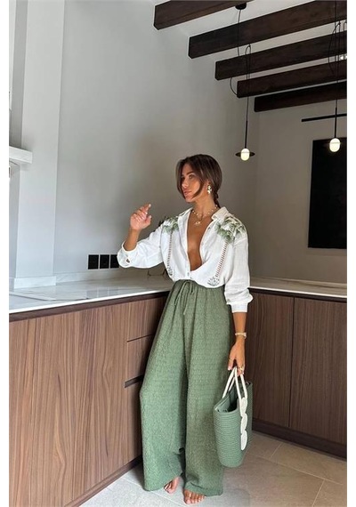 Neşeli Butik Kadın Nakış Detaylı Gömlek Pantolon İkili Keten Takım Nbemp2514 Yeşil