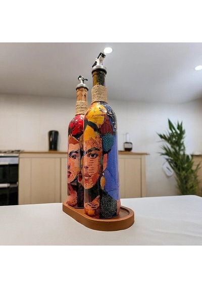 Renkli Kadın Desenli 750 Ml Zeytinyağı Sıvıyağ Şişesi Yağdanlık Yağlık Sirkelik Sosluk 2'li Set Çok Renkli
