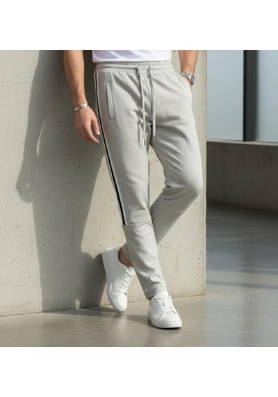 Plus Scorpion Erkek Slim Fit Pamuklu Eşofman Altı Yan Şerit Detaylı Günlük Gri