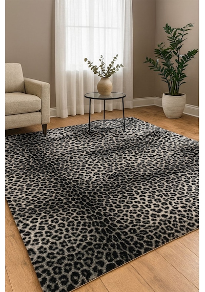 Raschel Carpet Premium Seri Gri Tavşan Tüyü Leopar Desenli Kaymaz Taban Halı Yolluk Gri