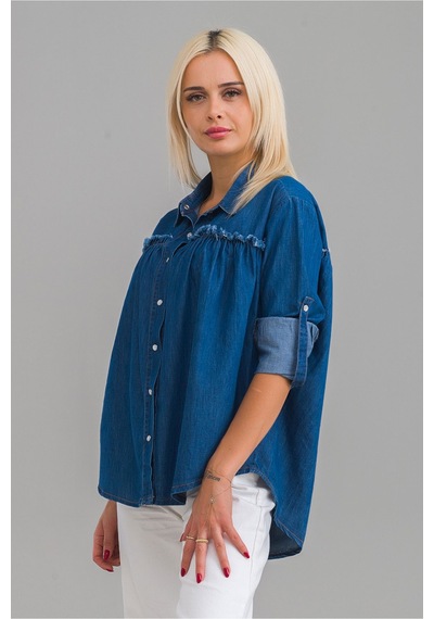 Bold & Young Kadın Pis Dikişli Pamuklu Denim Kumaş Çıtçıtlı Kol Britli Kot Gömlek İndigo