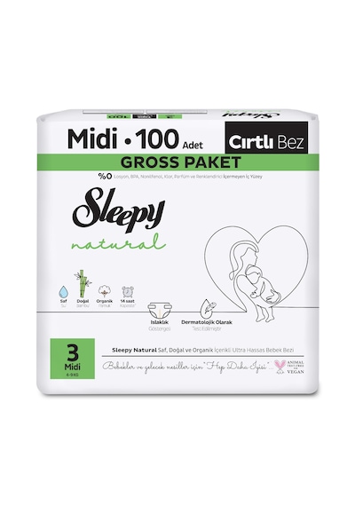 Sleepy Natural Gross Paket Bebek Bezi 3 Numara Midi 100 Adet