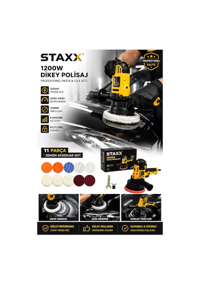 Staxx St9955x Devir Ayarlı Araç Koltuk Yıkama Zımpara Parlatma Pasta Cila Polisaj Makinası Full Set