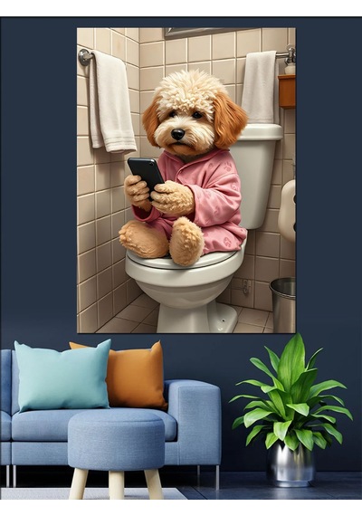 Pijamalı Köpek Telefon Keyfi Dekoratif Kanvas - Mdf Ahşap Tablo